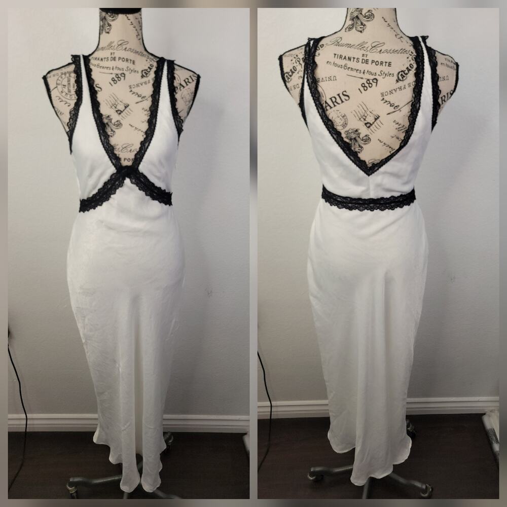White Fox Lace Slip Maxi Dress Sz XS White Black Satin Bridal Ethereal